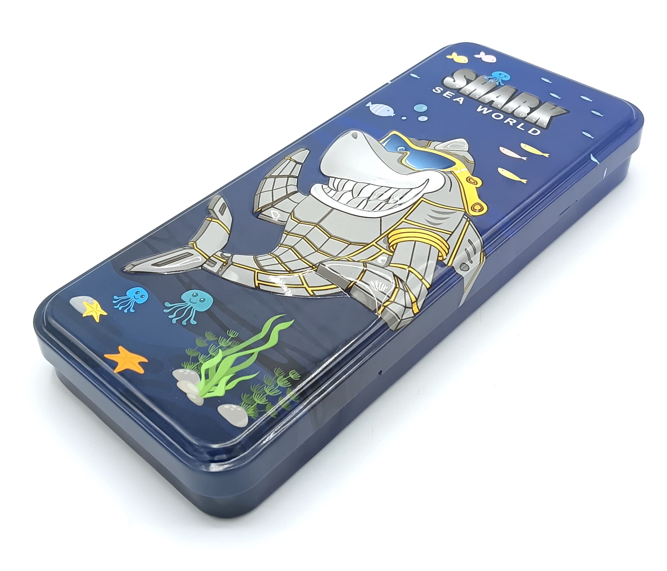 GOLD LEAF Shark Design Metal Pencil Box for School Boys and Girls, Stationary Holder, Compass and Geometry Box with Double Layered Pencil Case (Dark Blue)