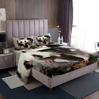 Opossum Bed Sheets Full Size Possum Fitted Sheet for Kids Boys Girls Teens Adults Opossum Lovers Gift Bed Sheet Set Funny Animal Botanical Leaves Bedding Sheets Bedroom Decor Flat Sheets 4Pcs