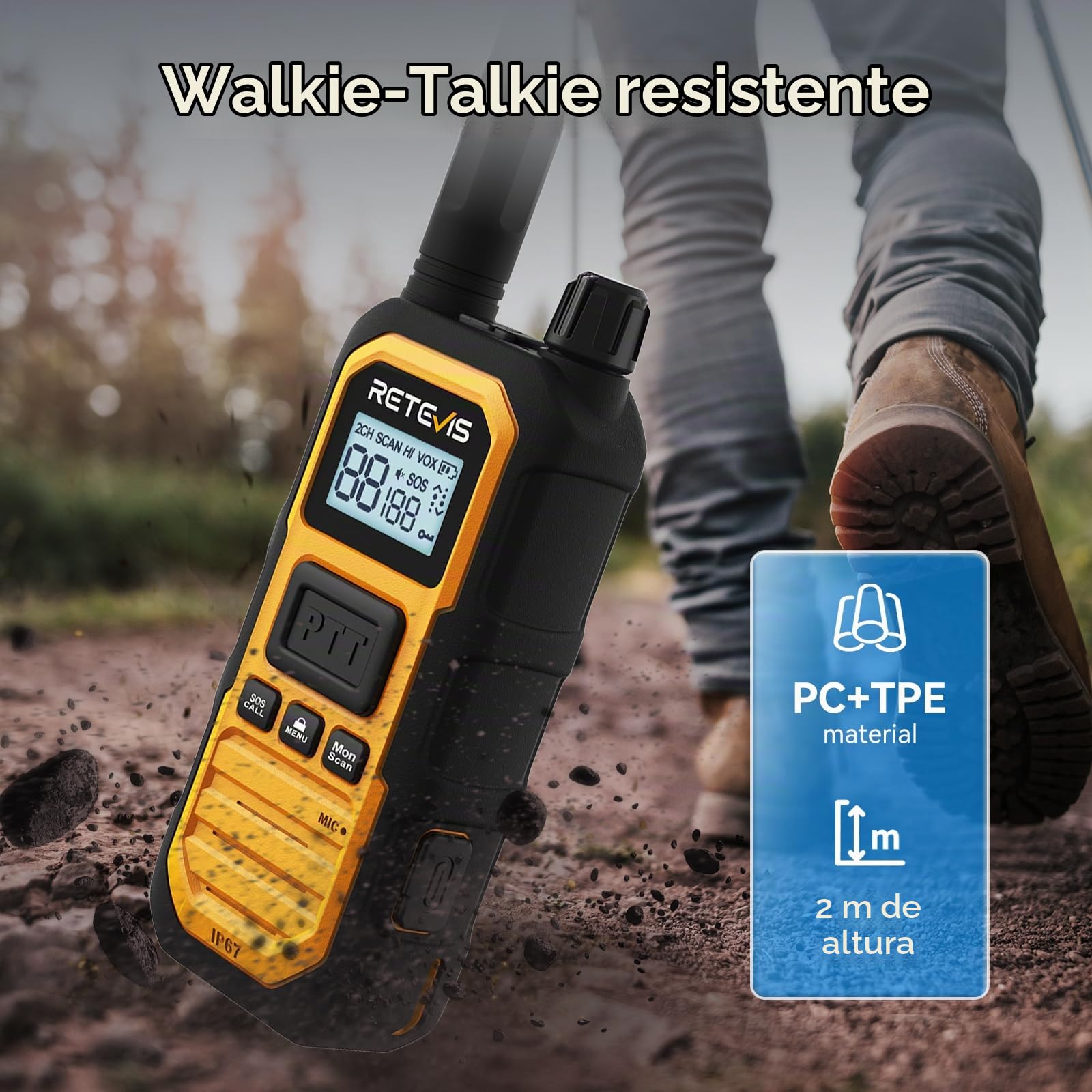 Retevis RB648Plus Radio Bidireccional, Walkie Talkies de Largo Alcance | Impermeable IP67 Walkie Talkie Profesional, 2000 mAh, Dual PTT, Alarma de Emergencia Entornos Hostiles (4 Piezas, Amarillo)