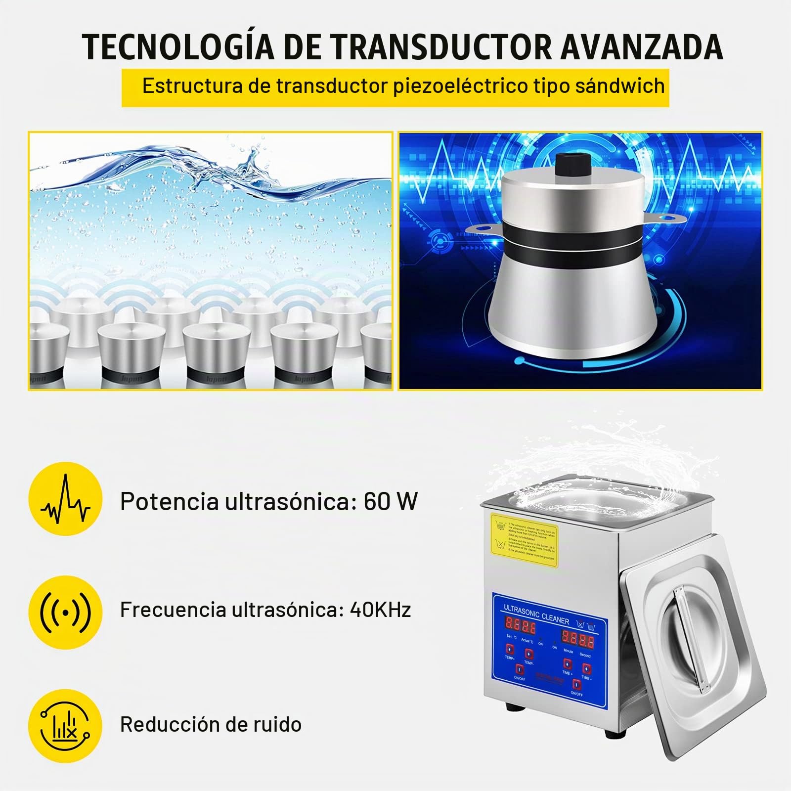 VEVOR Limpiador Ultrasónico 18 x 16,5 x 21,2 cm Limpiador Ultrasónico de Piezas 1,3 Litros con Temporizador de Calentamiento, Ajuste de Tiempo de 0 a 30 Minutos, con Pantalla Digital LED