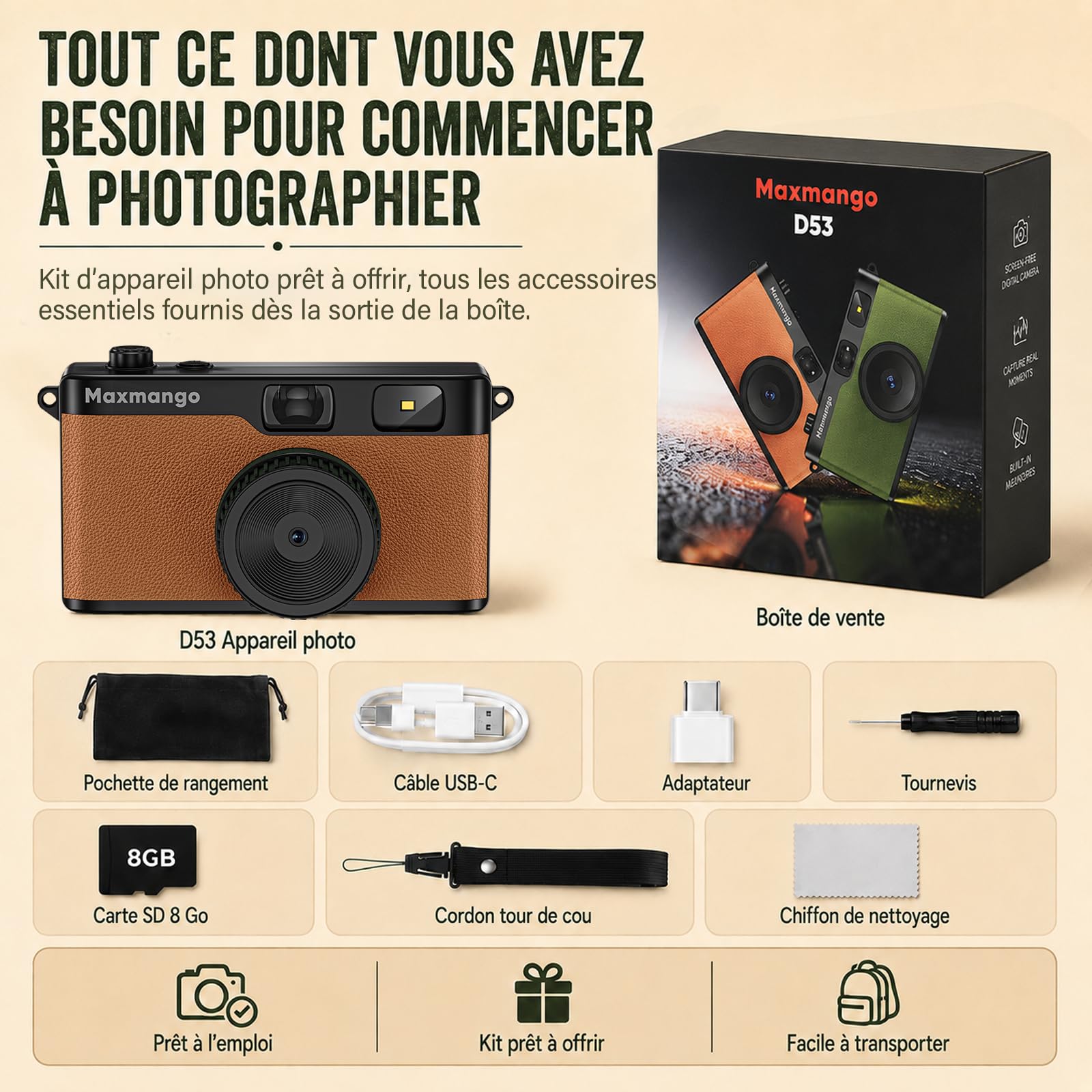 Maxmango D53 Appareil Photo Vintage sans Écran, Numérique Rétro 12 MP, Filtres DIY, Transfert USB-C, Carte SD 8 Go, Marron