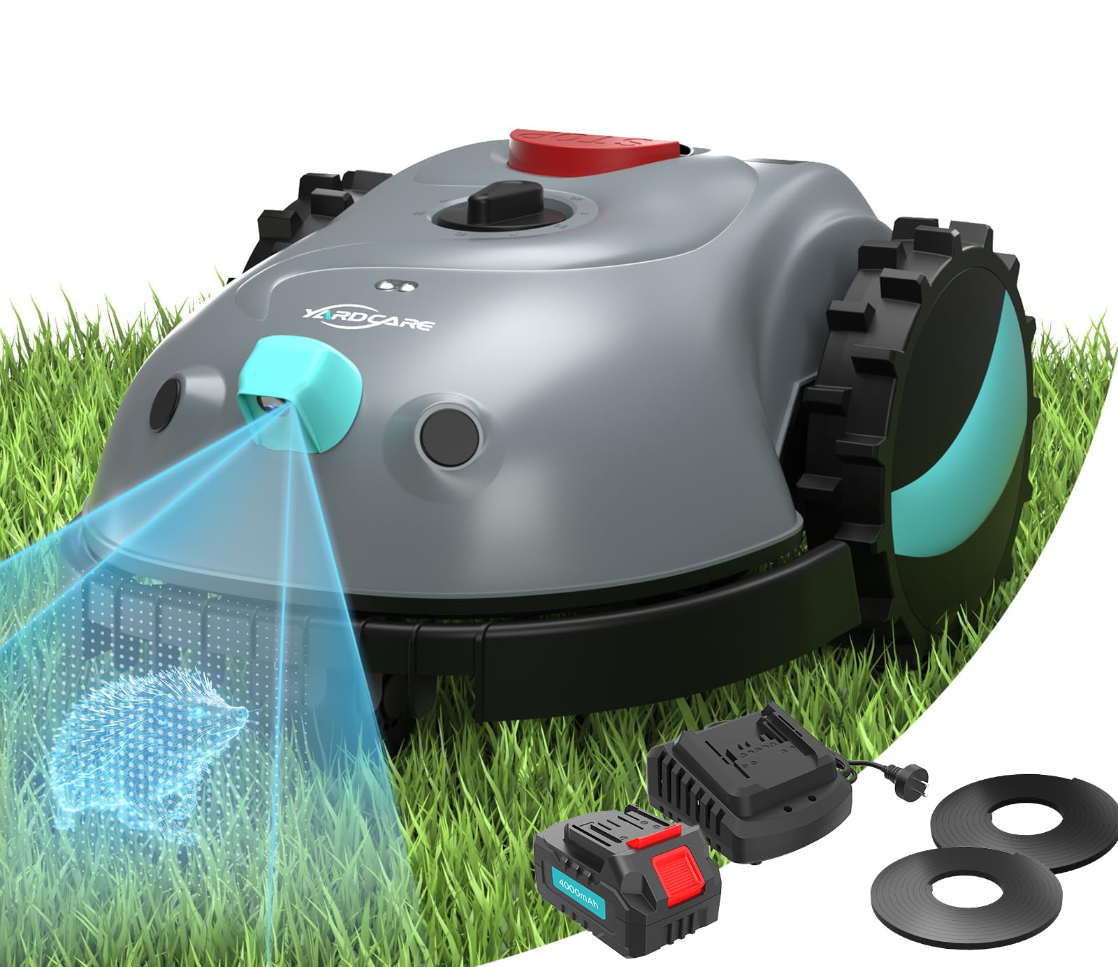 YARDCARE V100 Mähroboter ohne Begrenzungskabel, mit Vision Navigation, Spiralschnitt, 150 Hinderniserkennung, Rasenroboter bis zu 150 m², 4Ah Akku Rasenmäher Roboter mit Kamera, Ersatzklingen