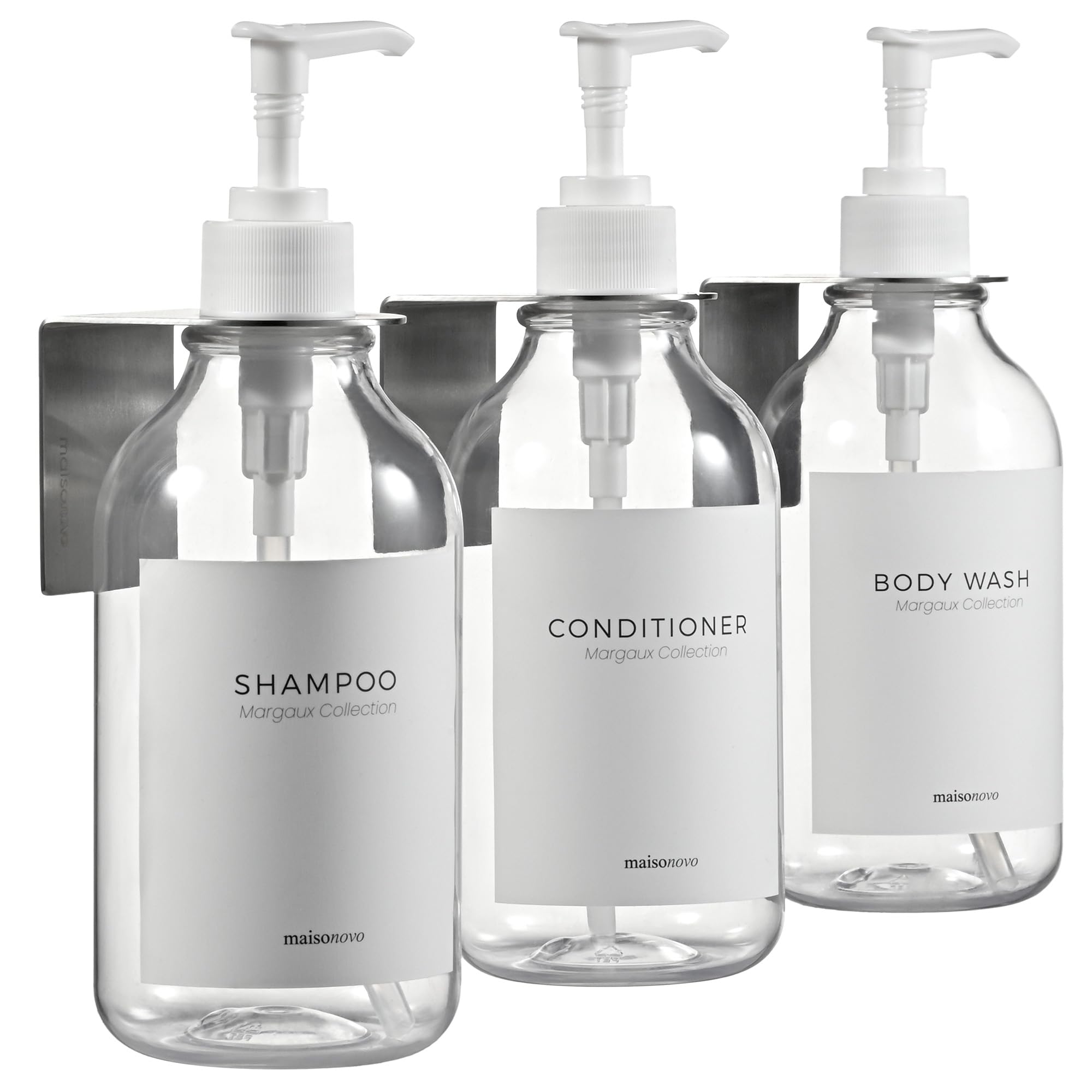 MaisoNovo Shampoo and Conditioner Dispenser Set of 3-500 ml Clear Shower Gel Dispenser Wall Mounted with White Pumps
