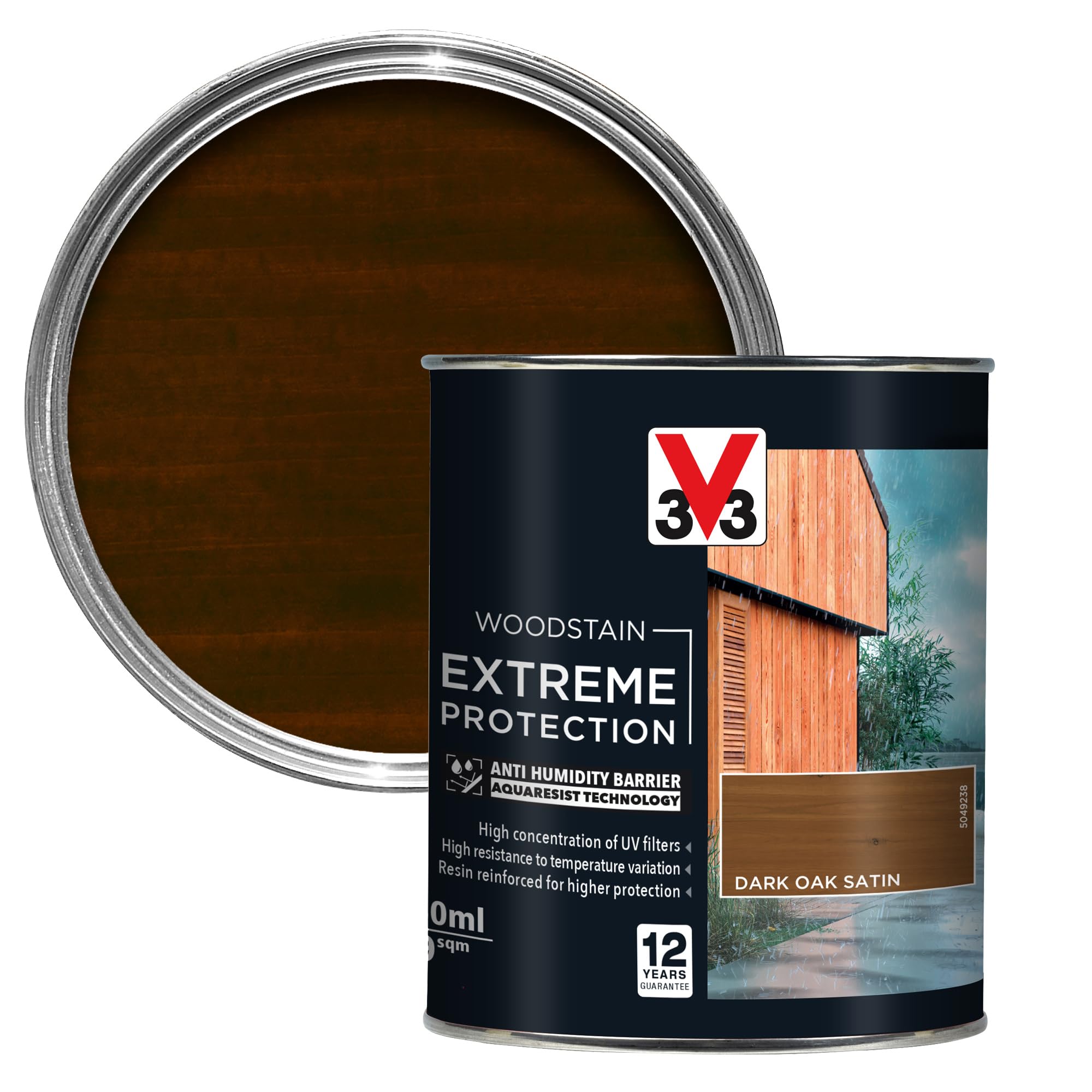 V33 Extreme Protection Woodstain - 12-Year Guarantee - Extreme Weather Protection - Anti-Humidity Barrier - Only 2 Coats - Dark Oak 750ml
