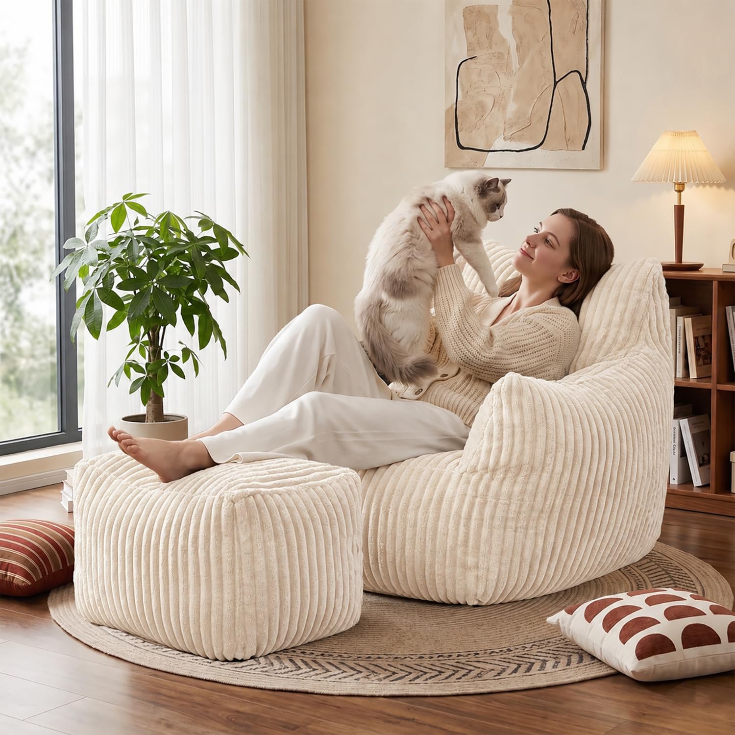 JULY'S SONGSitzsack Sessel mit Hocker，XXL Bean Bag Sofa，für Erwachsene oder Kinder，Equemer Sessel Lounge, Wohnzimmer, Schlafzimmer, Büro, Cremeweiß Küche, Haushalt & Wohnen