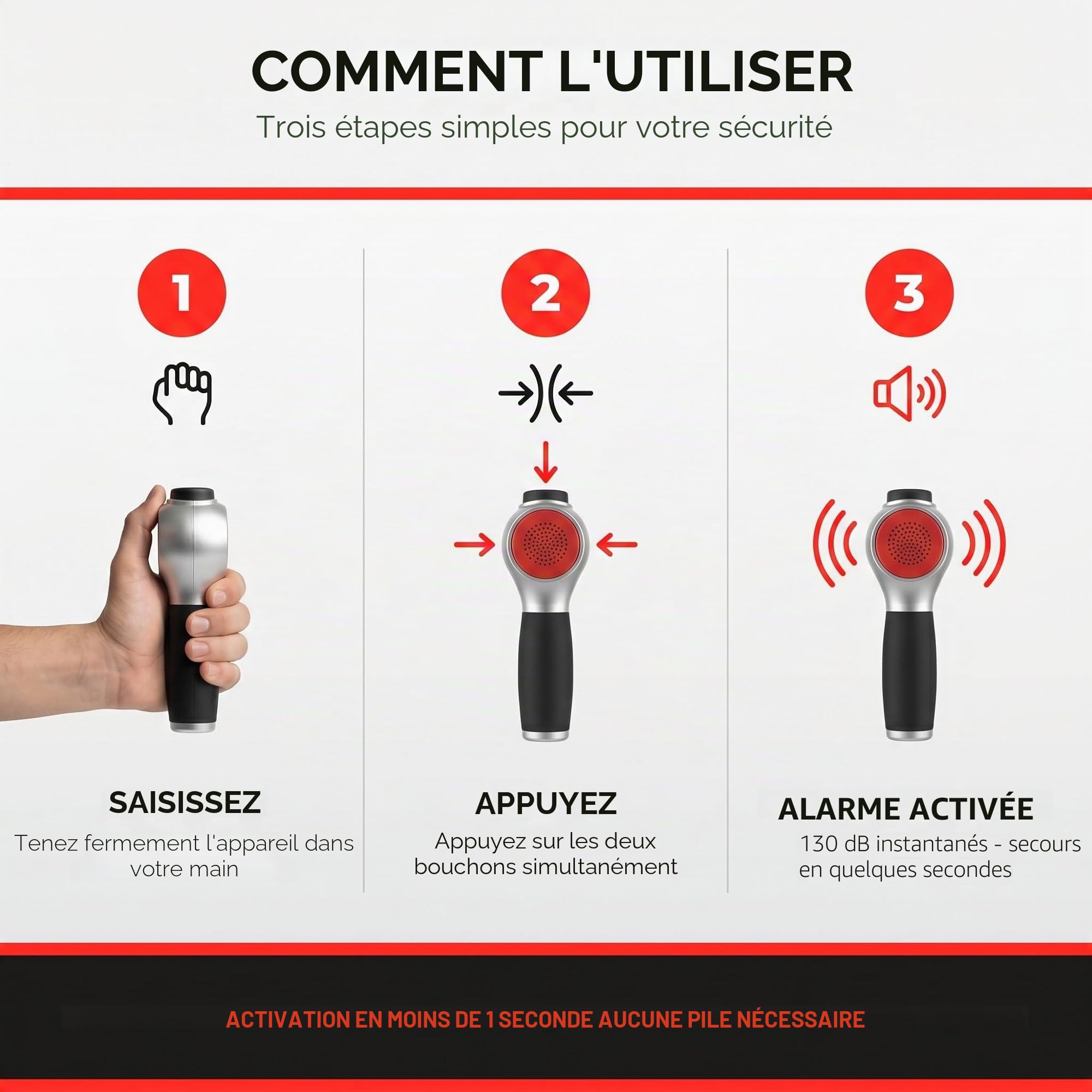 Dispositif de sécurité portable sans piles - Défense personnelle contre les personnes malveillantes et les animaux dangereux - Urgences et autodéfense - Fabriqué en Allemagne (1)