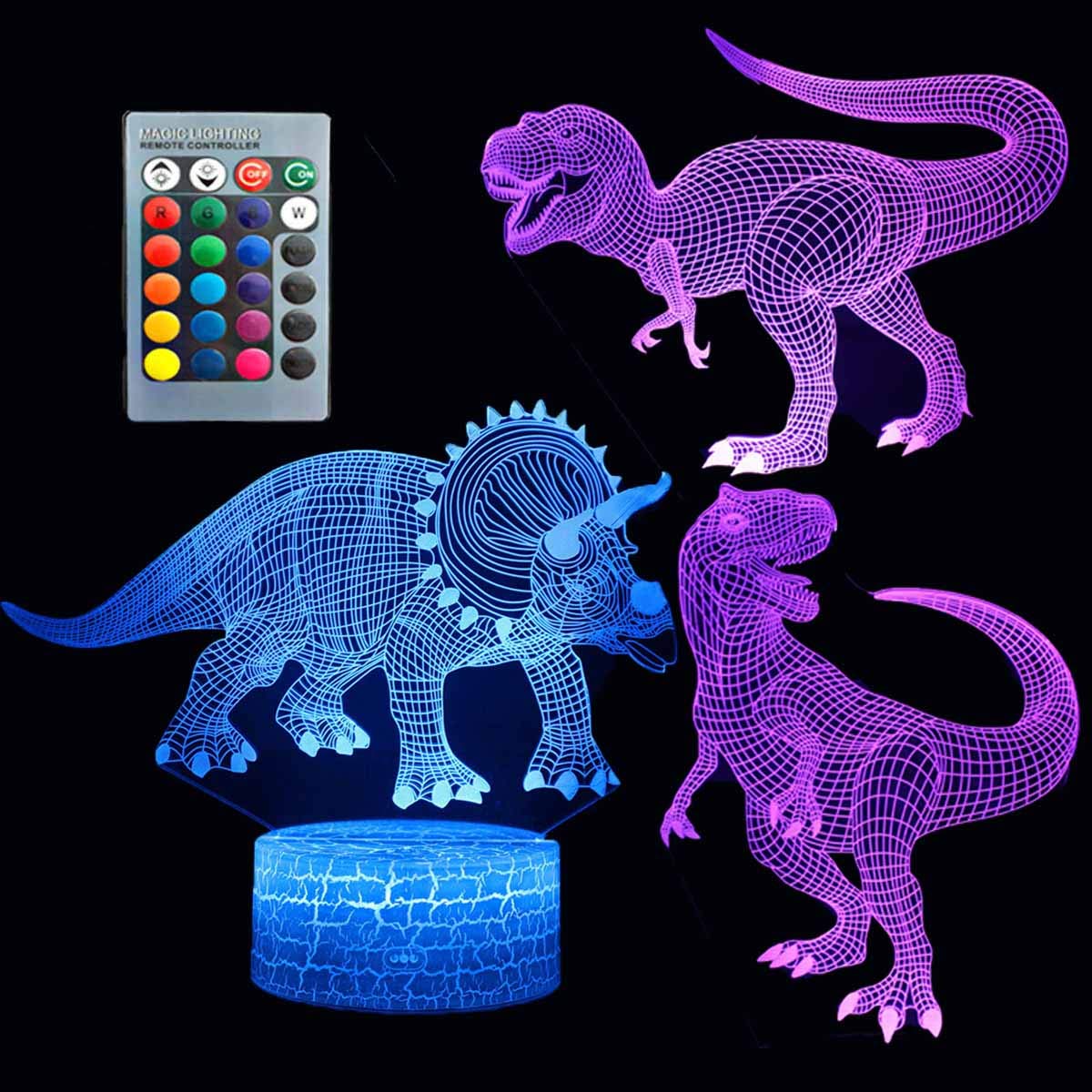 Zytc Dinosaur 3D Night Light Touch Table Desk Lamp Three Pattern 7 Colors Optical Illusion Lights With Acrylic Flat & Abs Crack Base & Usb Cable
