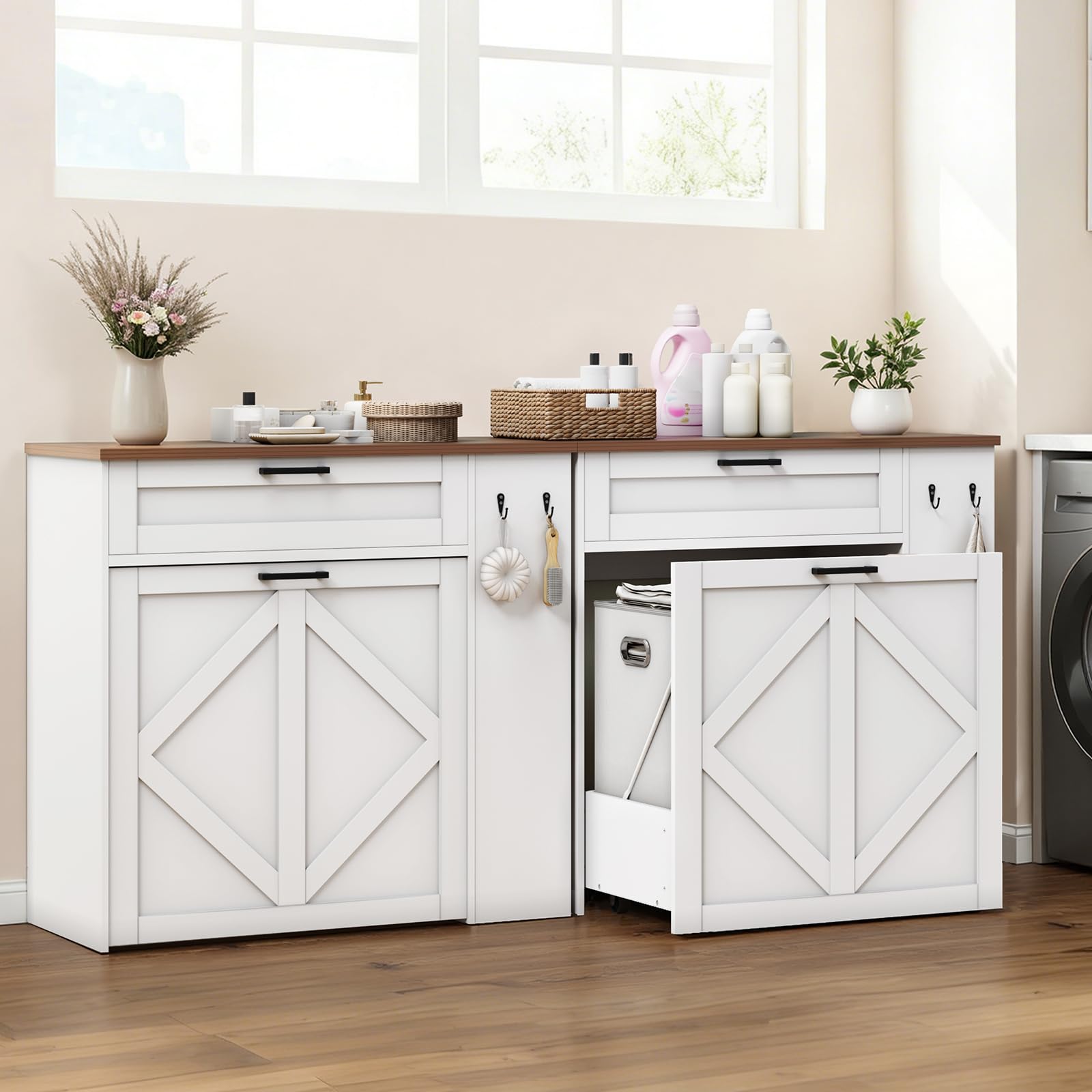 Armario de lavandería con 2 cestas extraíbles para la colada, cajón de almacenamiento, estantes ajustables y ganchos para baño, lavadero y cocina, color blanco y nogal