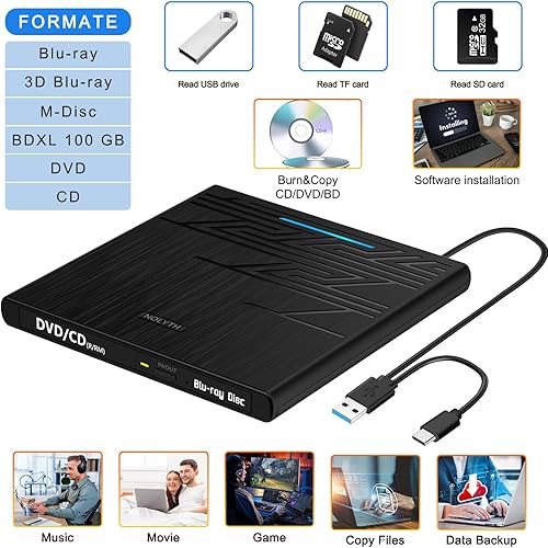 Miniatura 4 de NOLYTH Reproductor de Blu Ray externo, unidad portátil Bluray externa para Mac, quemador Blu Ray USB con ranura de audio SD TF USB de 0.138 in