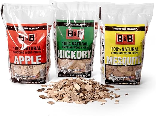 BBQ Wood Chips for Smoker Variety Pack (3 Flavors) Apple, Mesquite, & Hickory Wood Chips for Smoking, Grilling & Camping, 180 Cu. in Per Bag - Made in USA