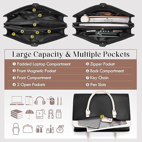 Miniatura 2 de RAINSMORE Bolsa para laptop para mujer, 15.6 pulgadas, impermeable, de piel sintética, bolsa de trabajo, bolso grande para computadora portátil para