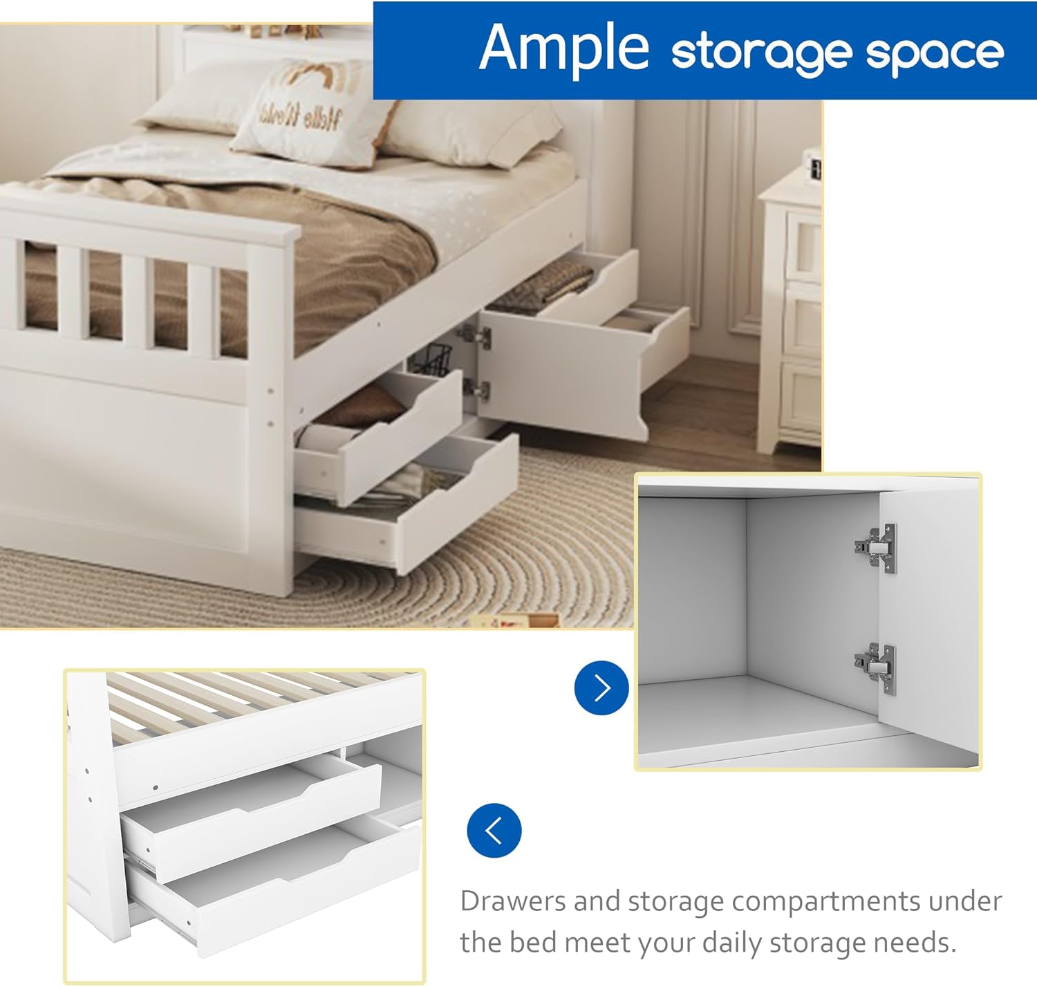 Merax Twin Size Platform Bed, Captain Bed Frame with 4 Storage Drawers and Bookcase and Shelves, Multi-funtional Storage Bed, White