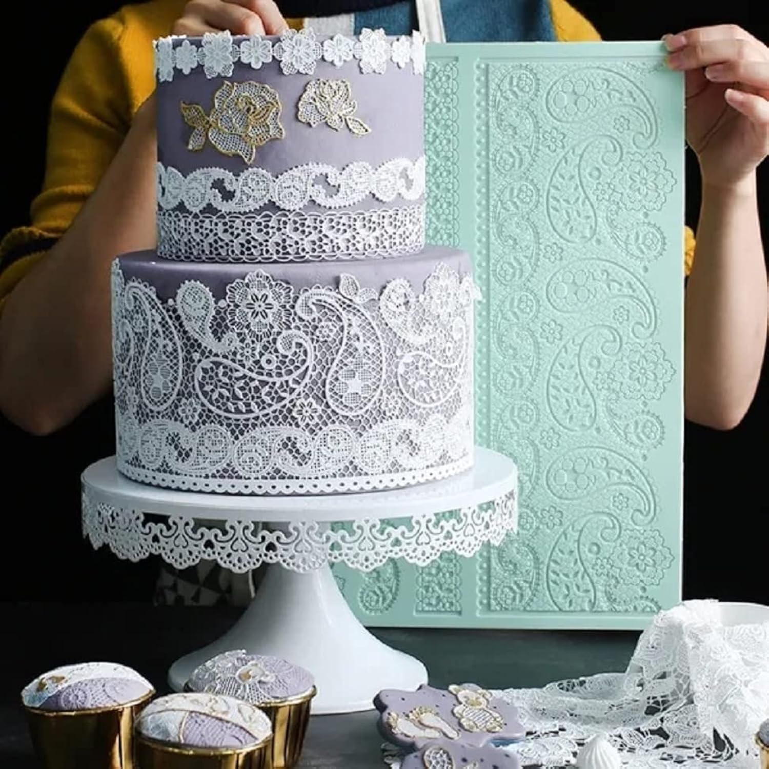 (two strip 5 round lace) - huge 41cm texture Lace Silicone impression Mat fondant imprint lace mat Cake candy Decorating Supplies Colour Pink Pastry gumpaste Sugar Paste Baking Mould edible ...