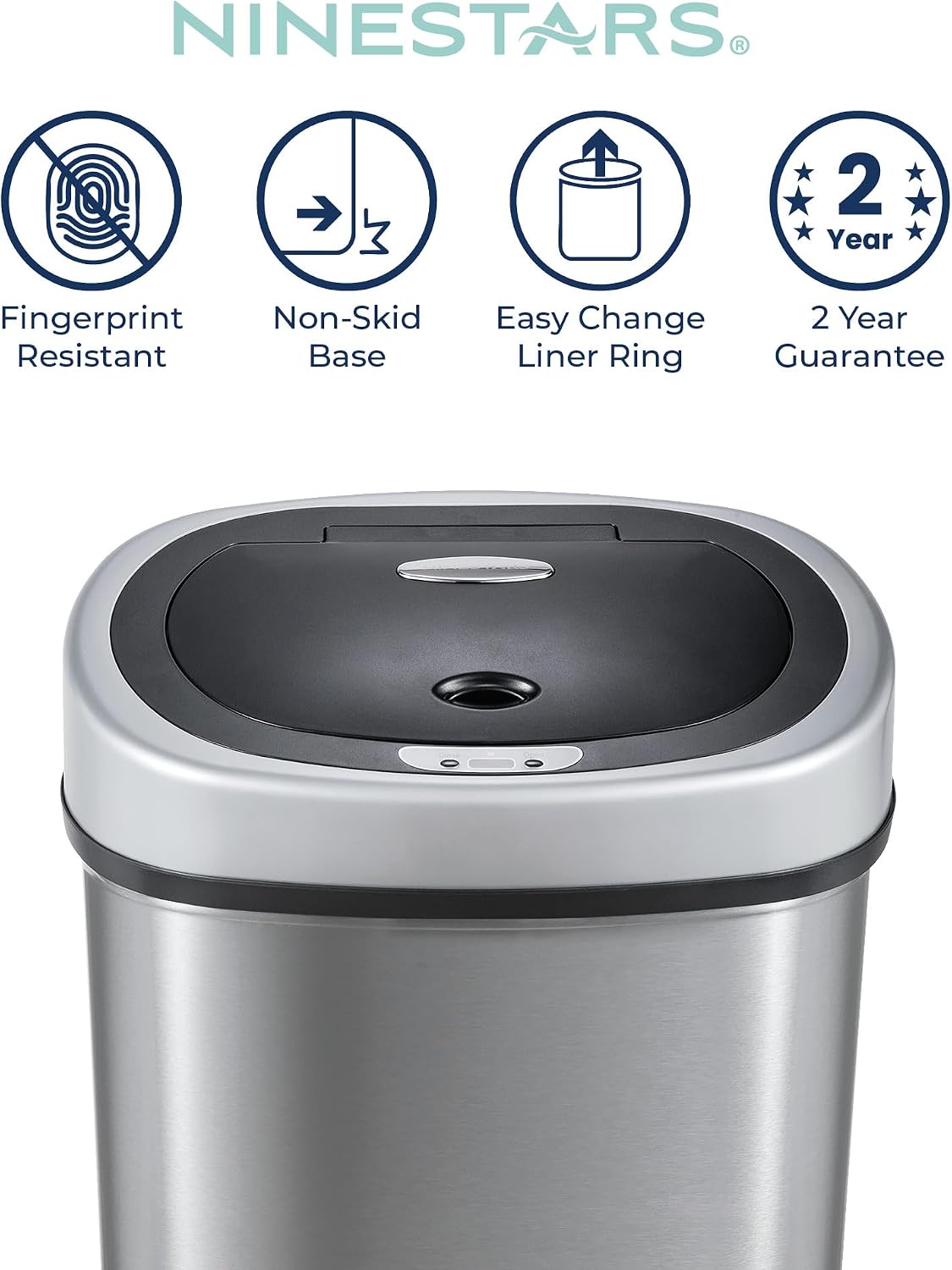 Ninestars 13 Gallon Oval Automatic Trash Can, 50L Touchless Motion Sensor Kitchen Garbage Can with Odor-Sealing Black Lid, Silver Stainless Steel