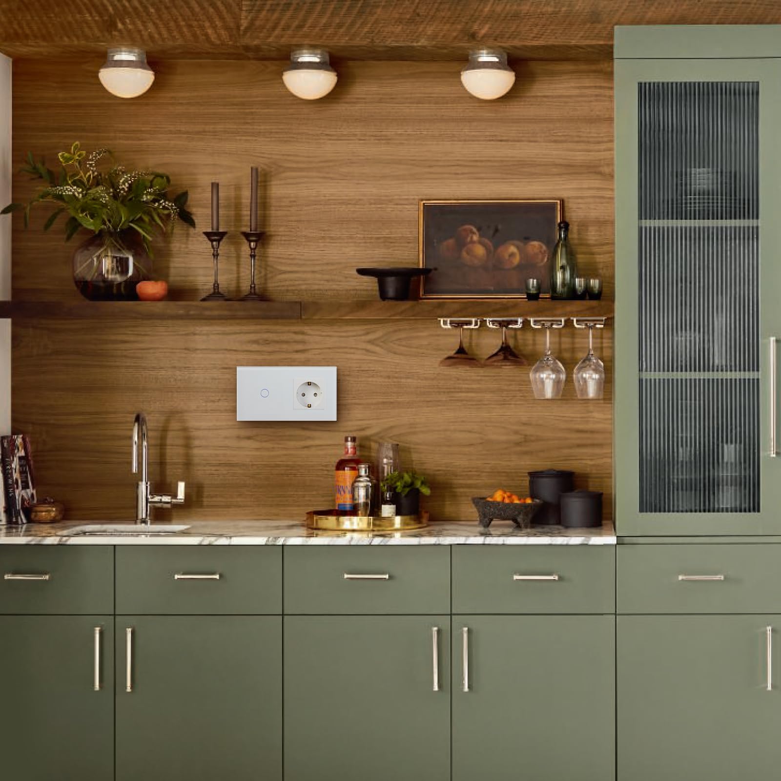 BSEED Interruptor táctil y enchufe pared,Panel de Vidrio con pulsador LED,Conmutador Modernos,Sin Función Wifi,1 Gang 1 Vía+1 Enchufe,157mm Blanco - 4