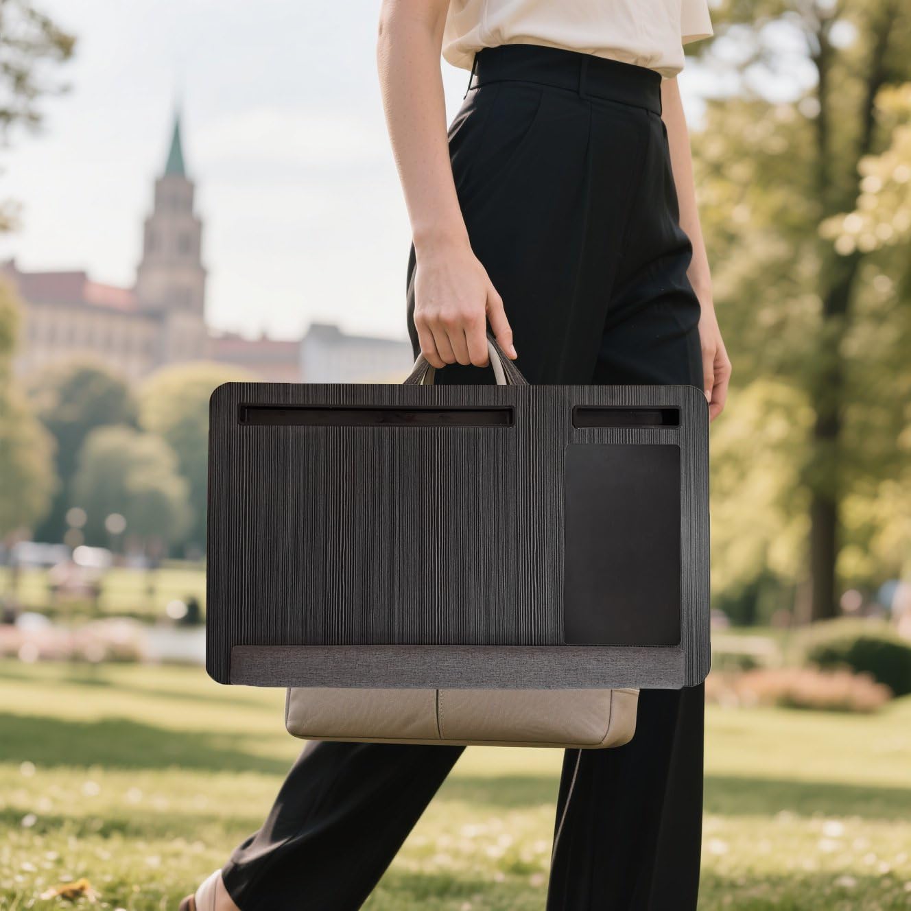 Laptopunterlage 55x34cm für Heim Bett Sofa mit Knietablett mit Kissen,Handgelenkauflage Handyhalter, Laptop Kissen für max 17.3” Notebook, mit mini-klappbarem Gerätehalterr (Schwarz)