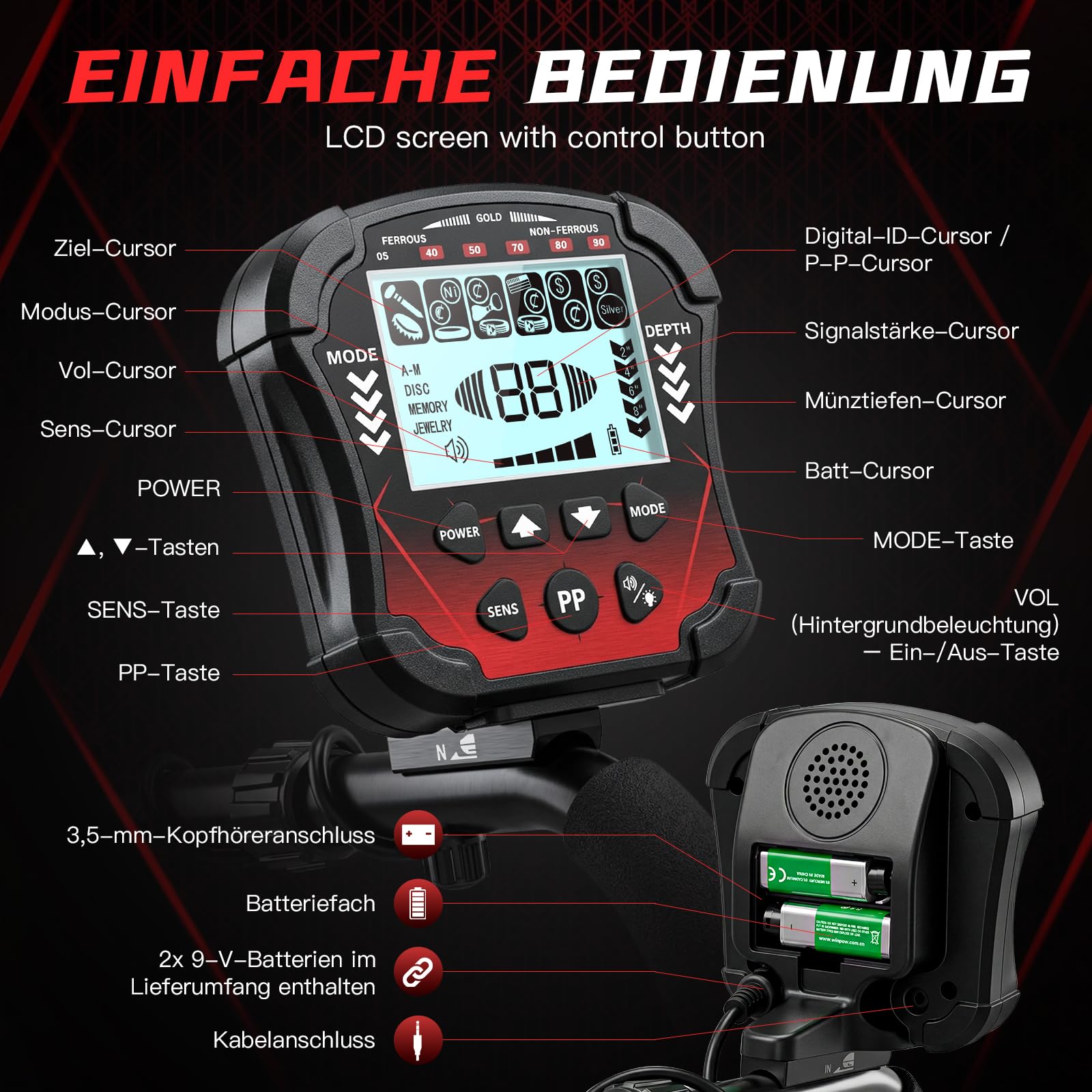 Detecteur de Metaux Professionnel,5 modes de détection disque de recherche étanche IP68 de 10 pouces, tige réglable de 42,1" à 52" avec écran LCD rétroéclairé convient aux adultes et aux enfants-Rouge