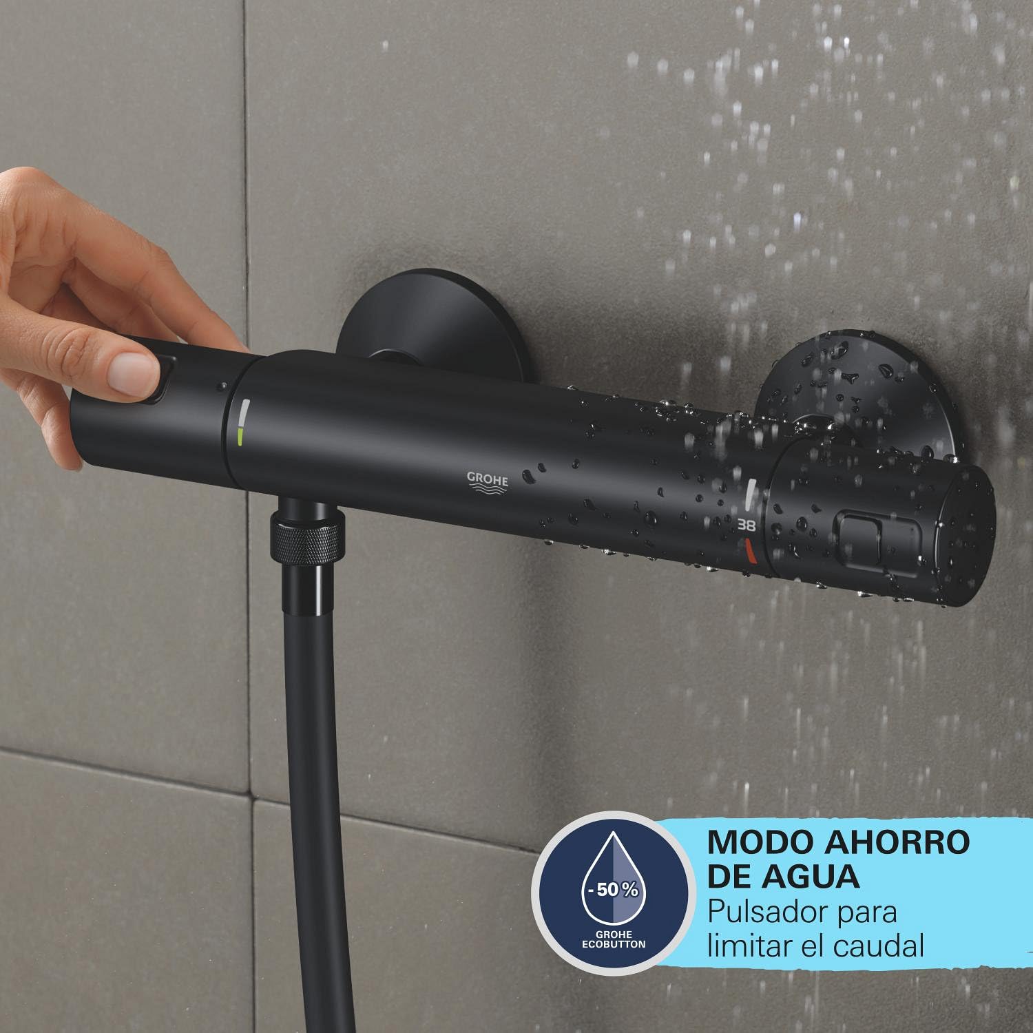 GROHE Precision Start Mezclador termostático para ducha QuickFix (montaje en pared, ahorro de agua, botón de seguridad a 38 °C), Negro mate 345942430