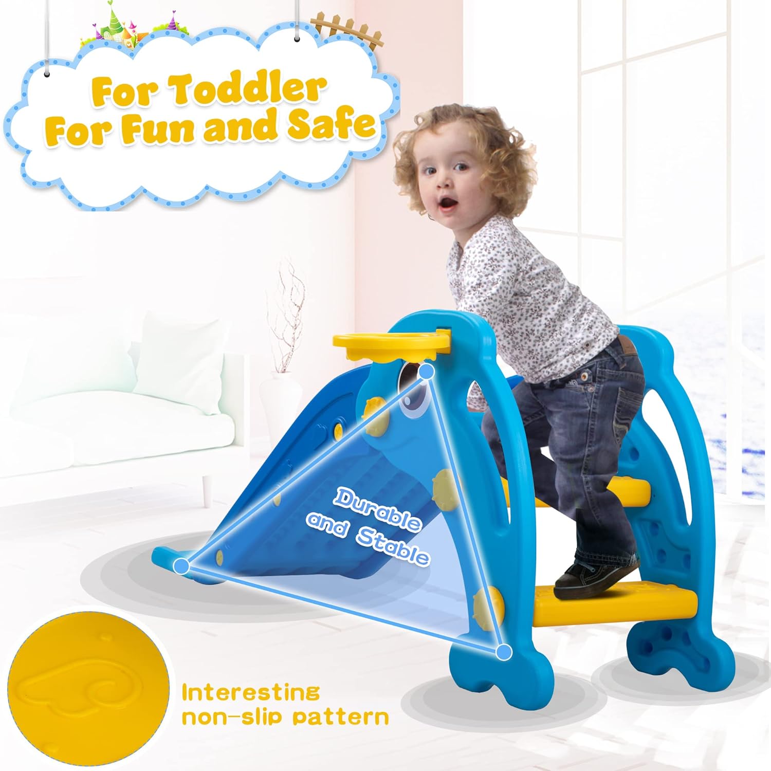 NYEEKOY 3 in 1 Toddler Slide, Baby Slide Plastic Climber Playset with Basketball Hoop and Ball, Indoor and Outdoor Playground for Kids