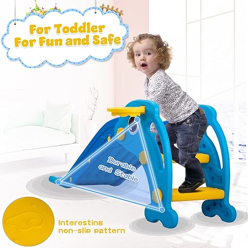 Miniatura 6 de Tobogán 3 en 1 para niños pequeños, tobogán para bebés, juego de escalador de plástico con aro de baloncesto y pelota, patio