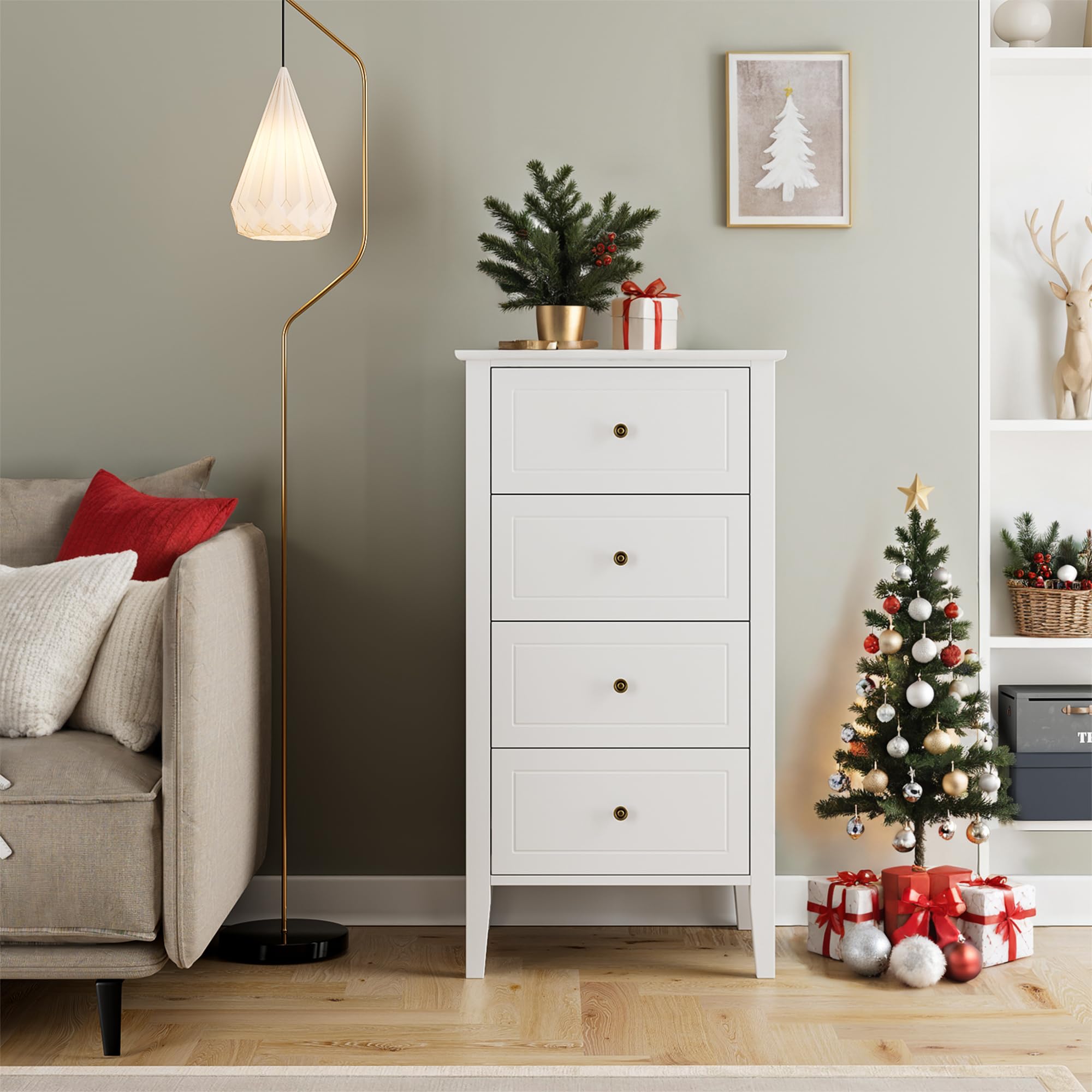 TTVIEW 4 Drawer Dresser, White Dresser Antique Chest of Drawers with Solid Frame, Tall Wood Storage Chest Cabinet for Living Room, Bathroom, Entryway, White