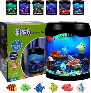 Glowing Fish Lamp Aquarium with 6 Color-Changing LED, 6 Moving Fake Fish & Realistic Ocean Scene - USB Powered Night Light for Bedroom, Office Decor, Relaxation Ideal Gift with Auto Shut-Off