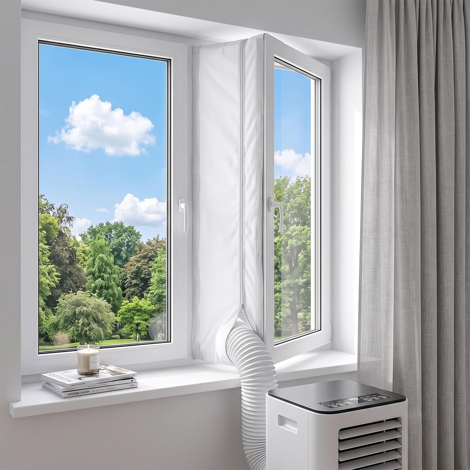 400cm Portable AC Window Seal Kit with Zip, Reusable Air Con Window Venting Kit for Portable Air Conditioner, Tumble Dryer and Dehumidifier, Self-Adhesive Window Seal for Air Conditioner