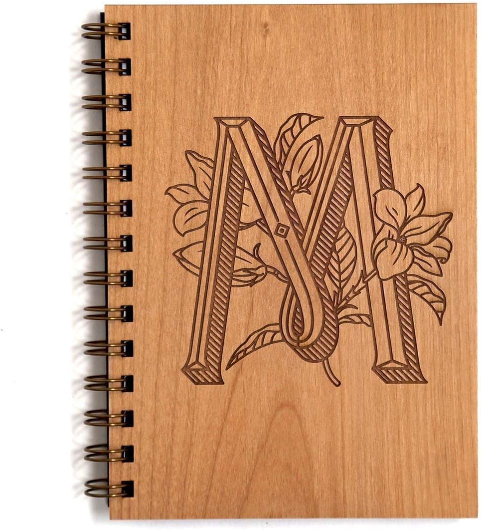 Floral Monogram M Wood Journal - Other Letters Available [Notebook, Sketchbook, Spiral Bound, Blank Pages]