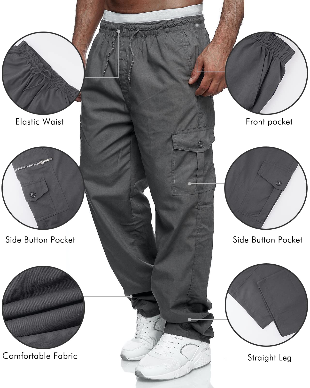 Men's Cargo Pants Relaxed Fit Sport Pants Jogger Sweatpants Drawstring Outdoor Trousers with Pockets Grey 4XL