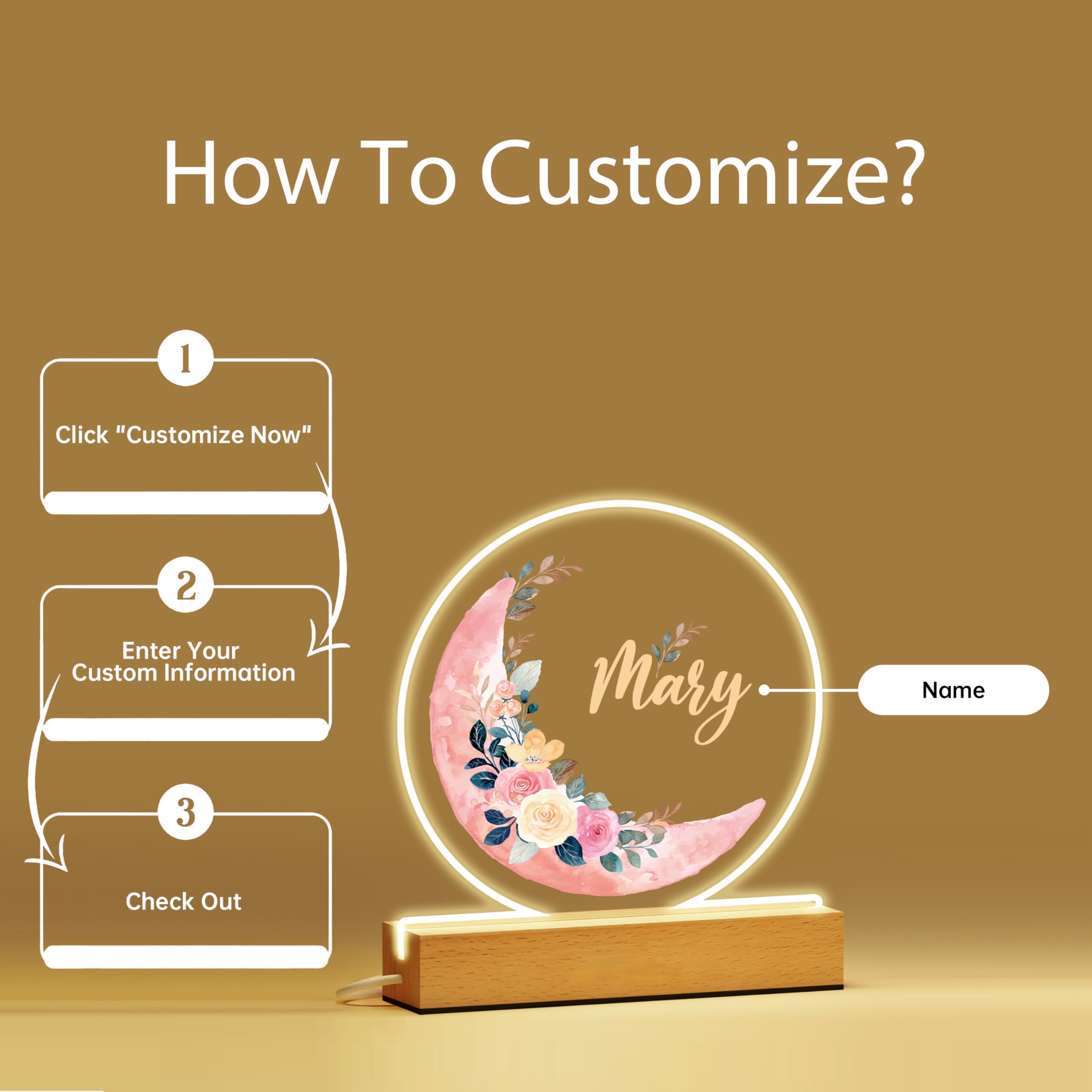 Personalized Baby Gifts, Personalized Night Light for Kids, Moon Floral Lamp, Custom Name Night Light, Baby Bedroom LED Lamp, Infant Gift, Children's Room Decor