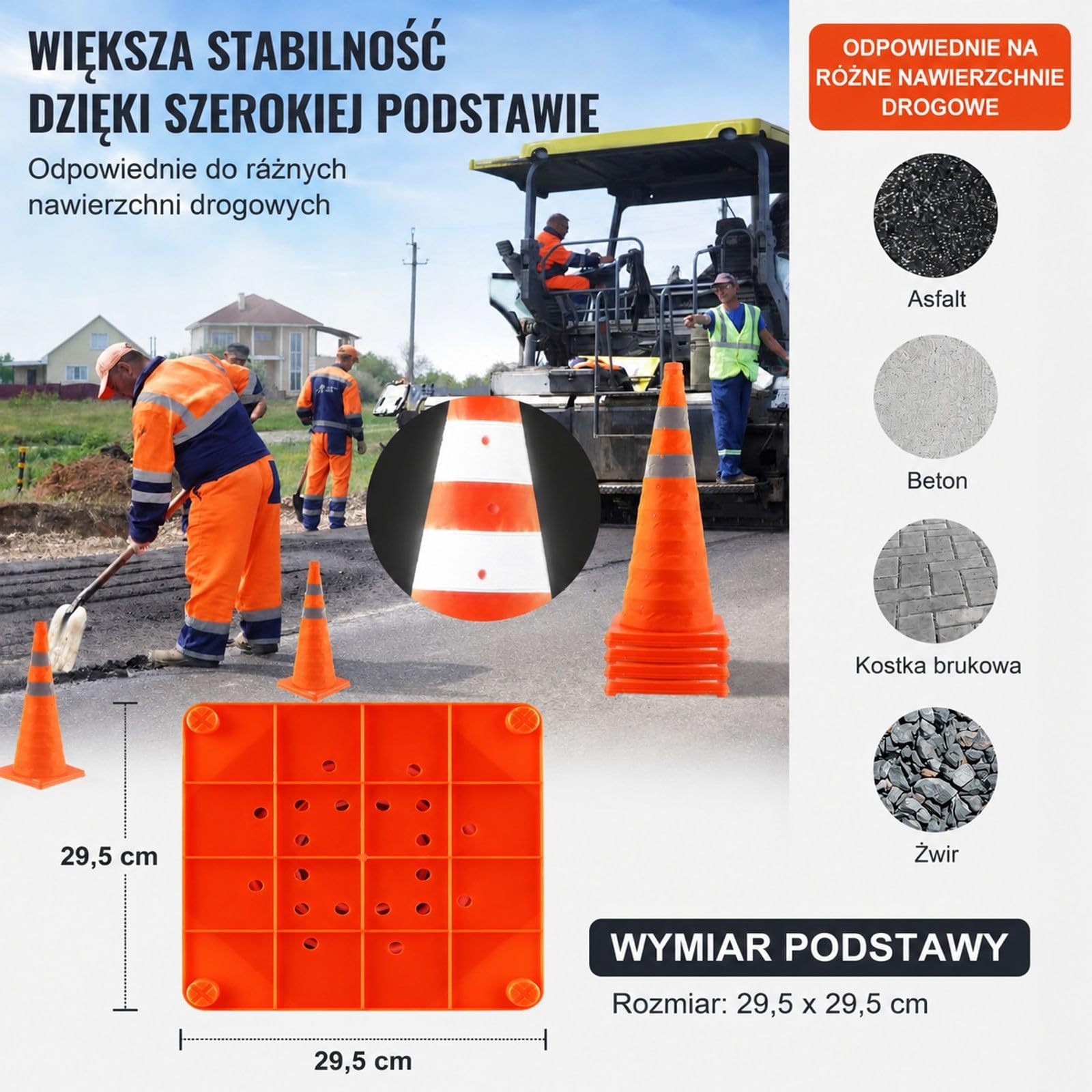 4 sztuki składanych pomarańczowych pachołków drogowych z szarymi pasami, szeroką podstawą i torbą do przechowywania