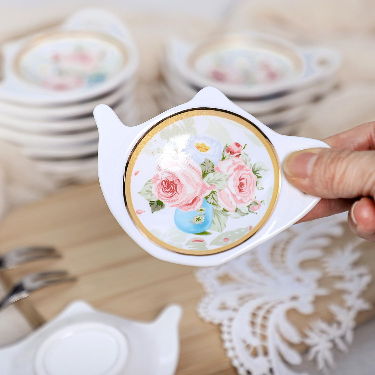 SOCOSY Vintage Flower Porcelain Tea Bag Holder Teapot Shaped Tea Bag Coaster, Little Spoon Rest Tea Accessories Resting Caddy Seasoning Dish for Sauce Dessert, 4 Inch-Roses-10 PCS