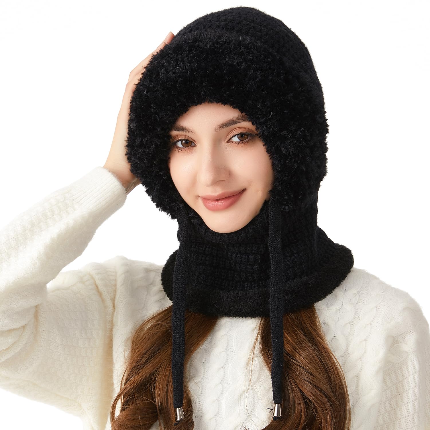 Pasamontañas Invierno Mujer Cálido Sombrero con Cordón Gorro Invierno con Capucha Bufanda Balaclava Multifuncional Beanie Skull Cap para Clima Frío Esquí