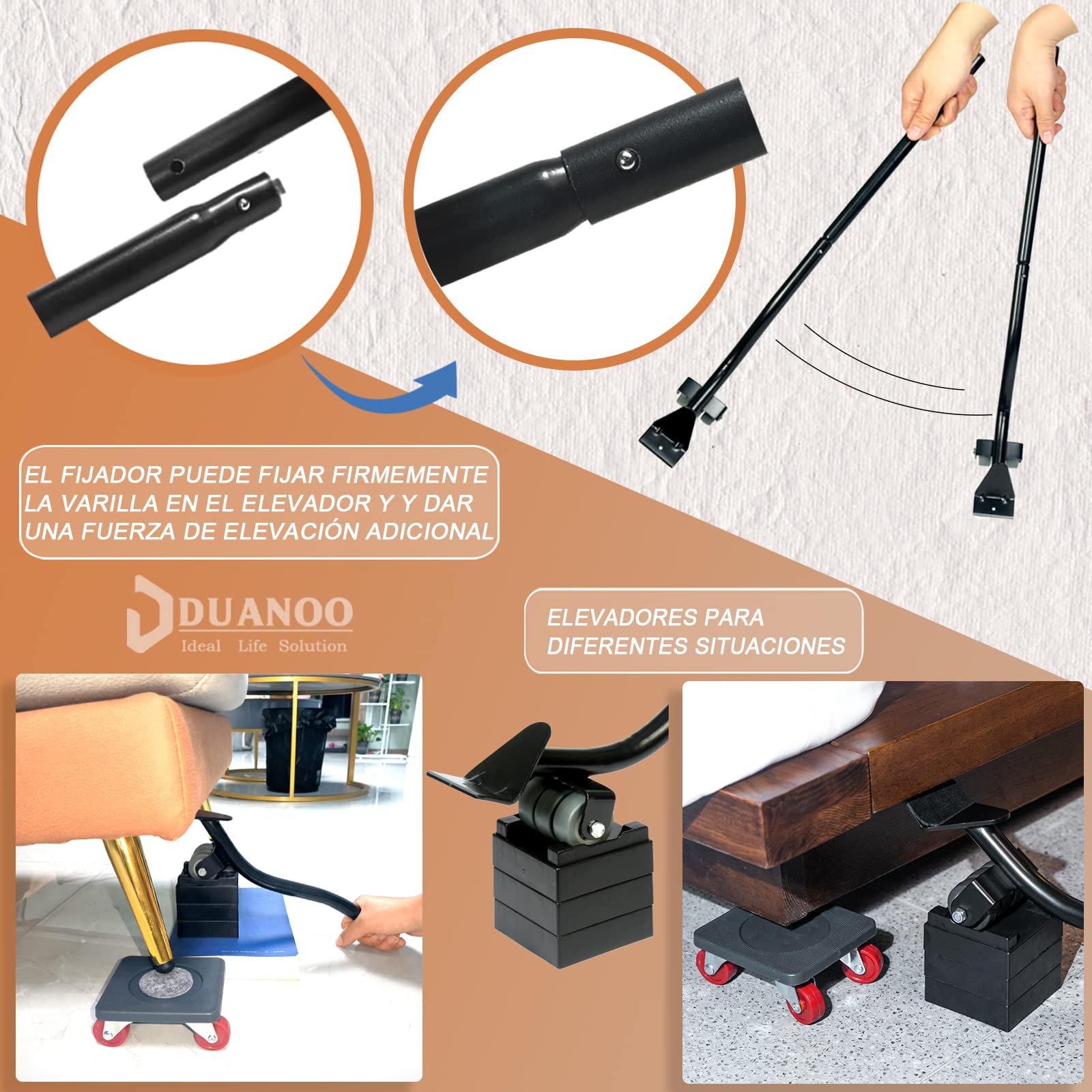 Transportador de Muebles de 4 Ruedas, Elevador de Muebles Pesados, Transporte de Muebles, Ruedas giratorias de 360° y Elevador, 400kg de Carga, Mueve Sofá, Cama, Mesa, Nevera y etc.