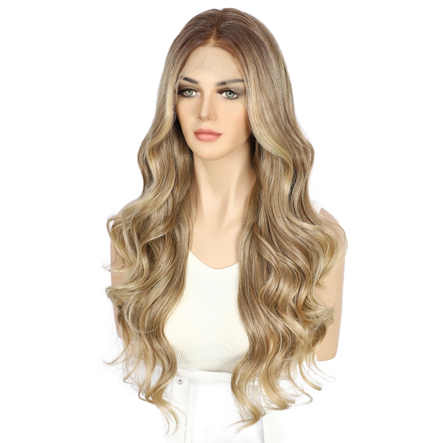 Sapphirewigs Blond Lace Front Perücke Synthetische Körper Welle Blond Balayage Perücken Damen Party Date Tägliche Tragen Natürlich Aussehen Weihnachten 26inch