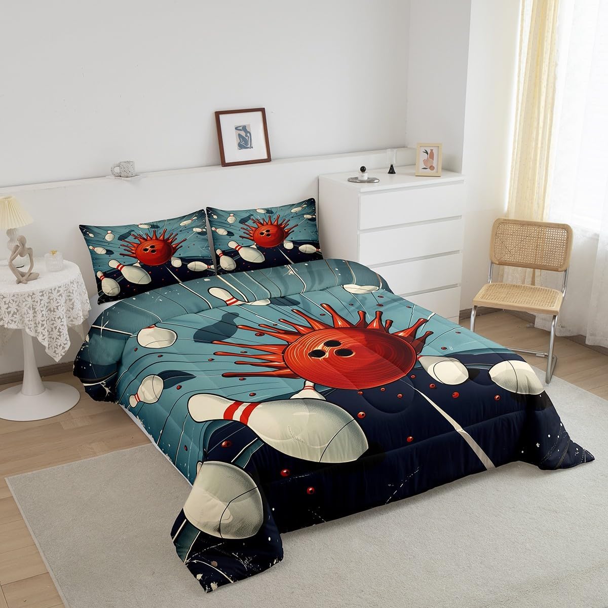 Feelyou Boys Girls Bowling Comforter Queen Size, Gaming Sports Comforter Set Ball Games Bedding Set Kids Abstract Art Teens Duvet Set 3Pcs