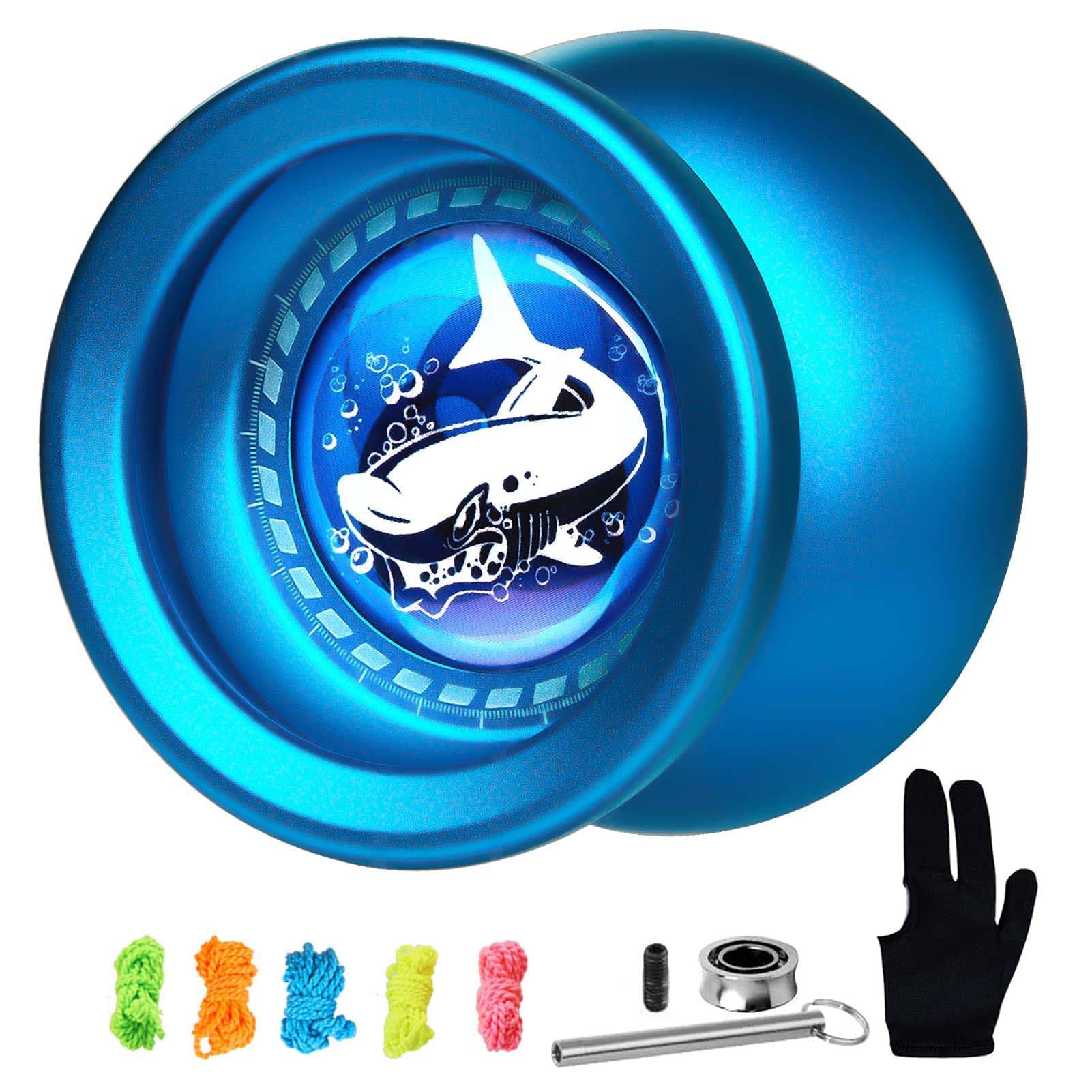 Responsive Yoyo T9 Shark-Blue, Professional Yoyo Metal Alloy Yo Yo for Kids Beginner + Replacement Unresponsive Yoyo Bearing + Removal Bearing Tool + Glove + 5 Yoyo Strings