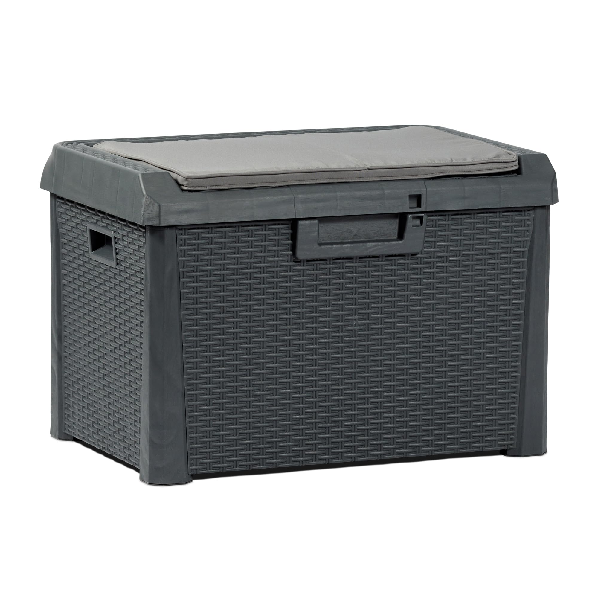 Toomax Compact Box Santorini Plus baule da 125L con seduta da giardino 73x50,5x49,5h cm, colore antracite effetto rattan, cuscino incluso, dotato di foro per lucchetto, ideale per esterni