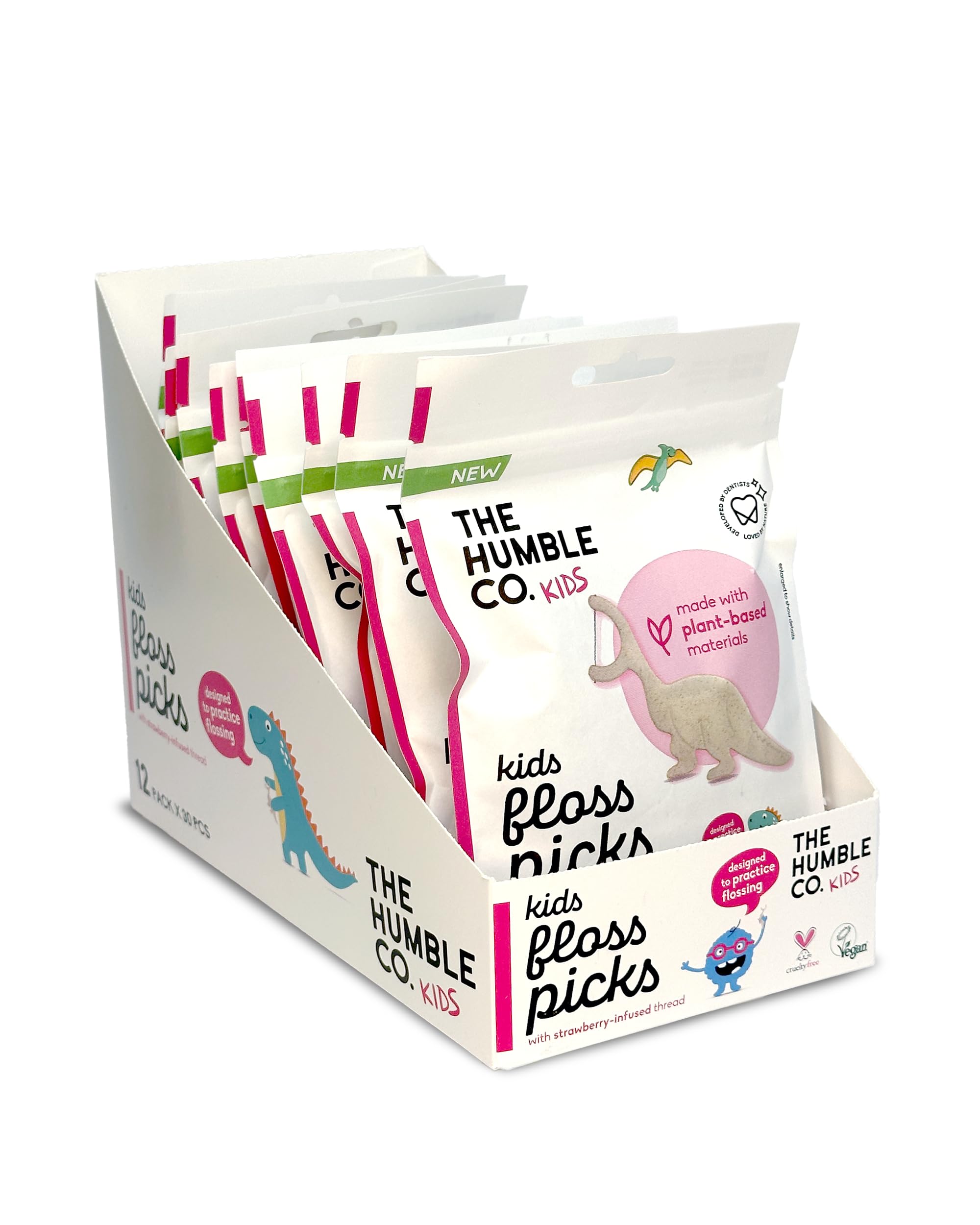 The Humble Co. - Humble Corn Starch Floss Picks - Kids 30 PCS Kürdanlı Diş İpi 30 Pcs - Çocuklar için Çilek Aromalı (Dinazor şekilli), Bitki bazlı malzemelerden yapılmış, tekrar kullanılabilir