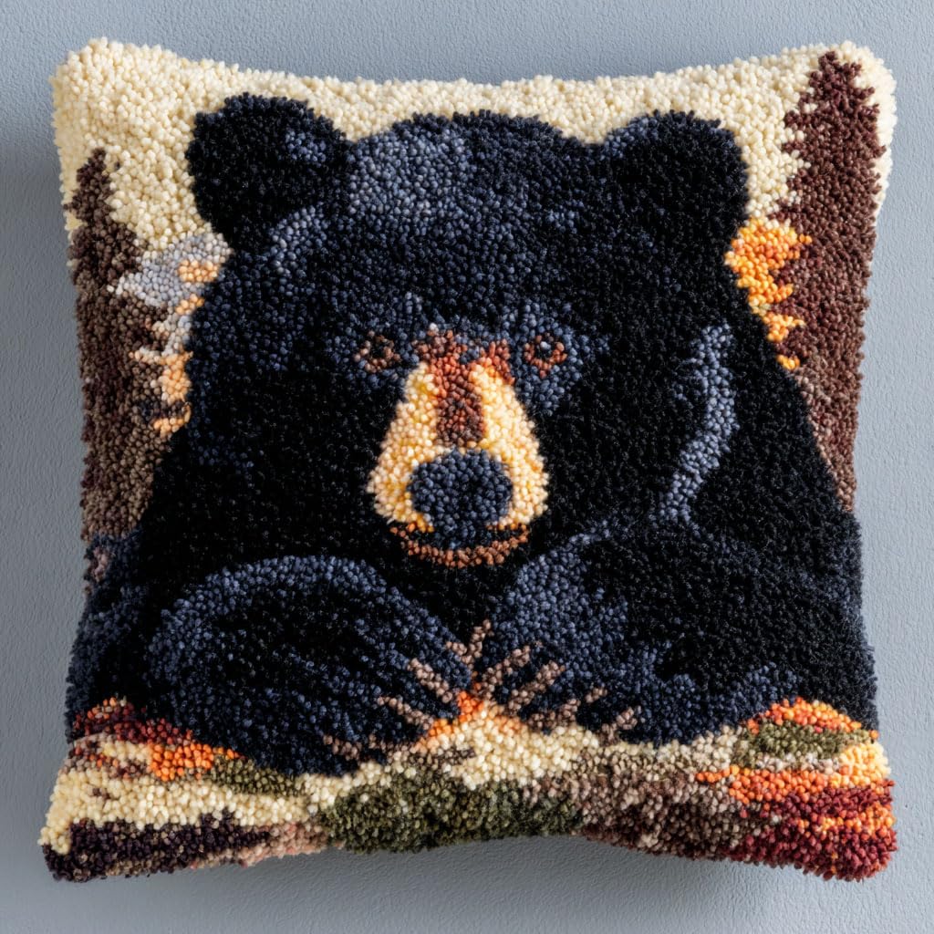 Henypt DIY Latch Hook Kits, Animal Black Bear Needlework Pillow Cover 43cmX43cm DIY Hooks Knitted Embroidered Carpet Pillow Embroidery Latch Hook Carpet Kit
