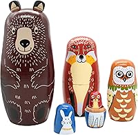 Conzy Handmade Wooden Russian Nesting Dolls for Kids - 5pc Cute Cartoon Animal Matryoshka Set, Bear Fox Owl Rabbit Raccoon, Birthday Gift & Home Decor