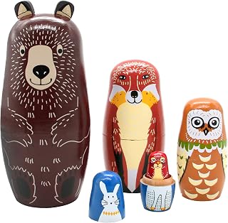 Conzy Handmade Wooden Russian Nesting Dolls for Kids - 5pc Cute Cartoon Animal Matryoshka Set, Bear Fox Owl Rabbit Raccoon, Birthday Gift & Home Decor