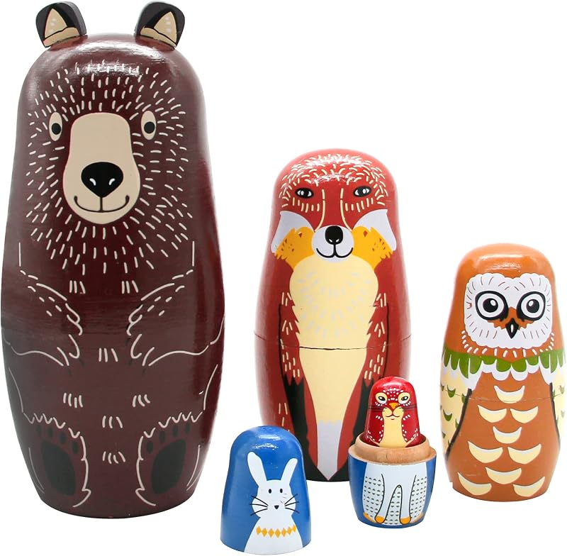Conzy Muñecas rusas de anidación para niños, muñecas Matryoshka hechas a mano de madera, 5 piezas con bonito patrón de animales de dibujos animados, gran juguete de regalo para cumpleaños de niñas o decoración del hogar (marrón)