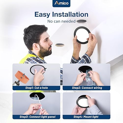 Vista 10 de Amico Paquete de 6 luces LED empotrables ultrafinas de 4 pulgadas 5CCT con caja de conexiones, 2700K/3000K/3500K/4000K/5000K seleccionables, 11W Eqv