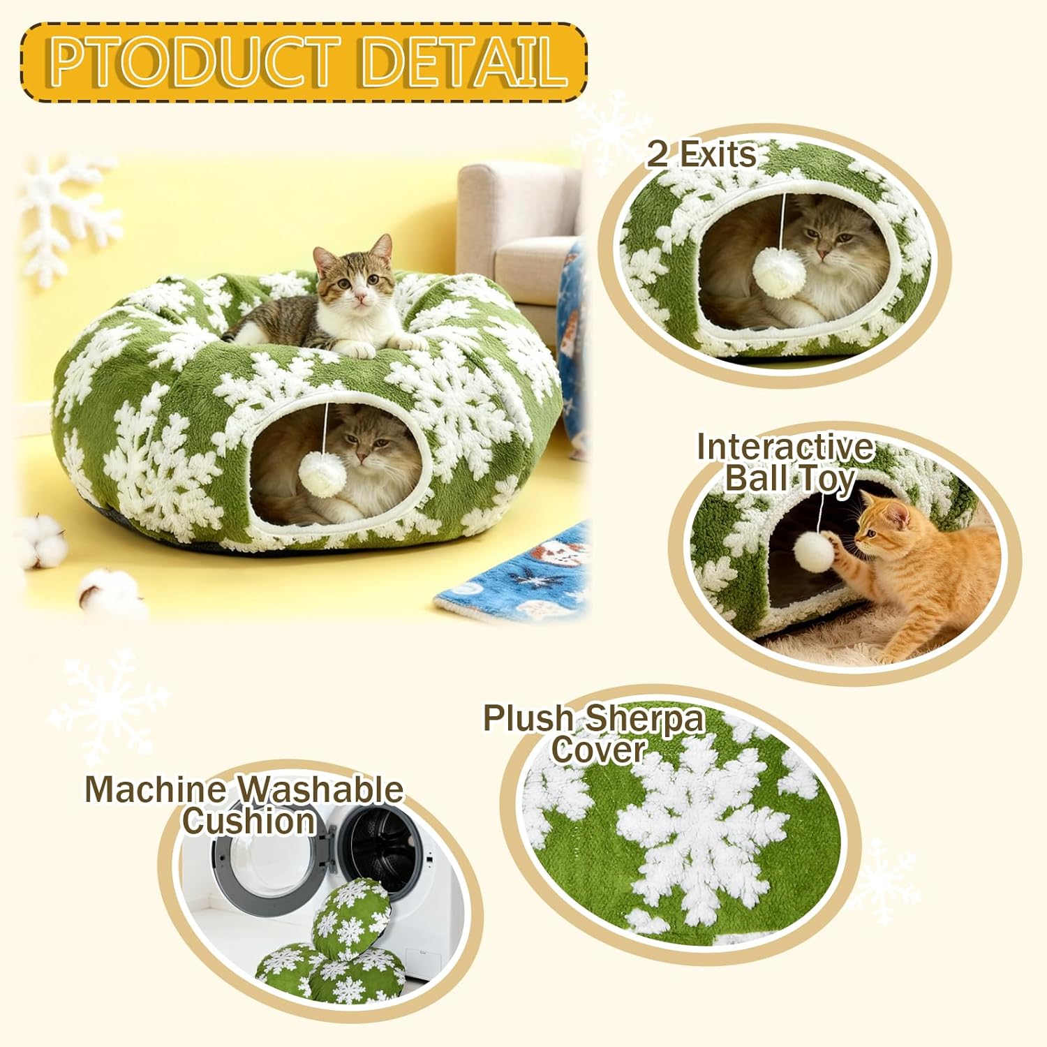 Cat Tunnel with Cat Bed for Indoor Cats - Soft Plush Donut Tunnel Bed with Snowflake Design & Washable Anti-Slip Mat, Multifunctional Playground Toys for Cats, Kittens & Small Pets.(Green)