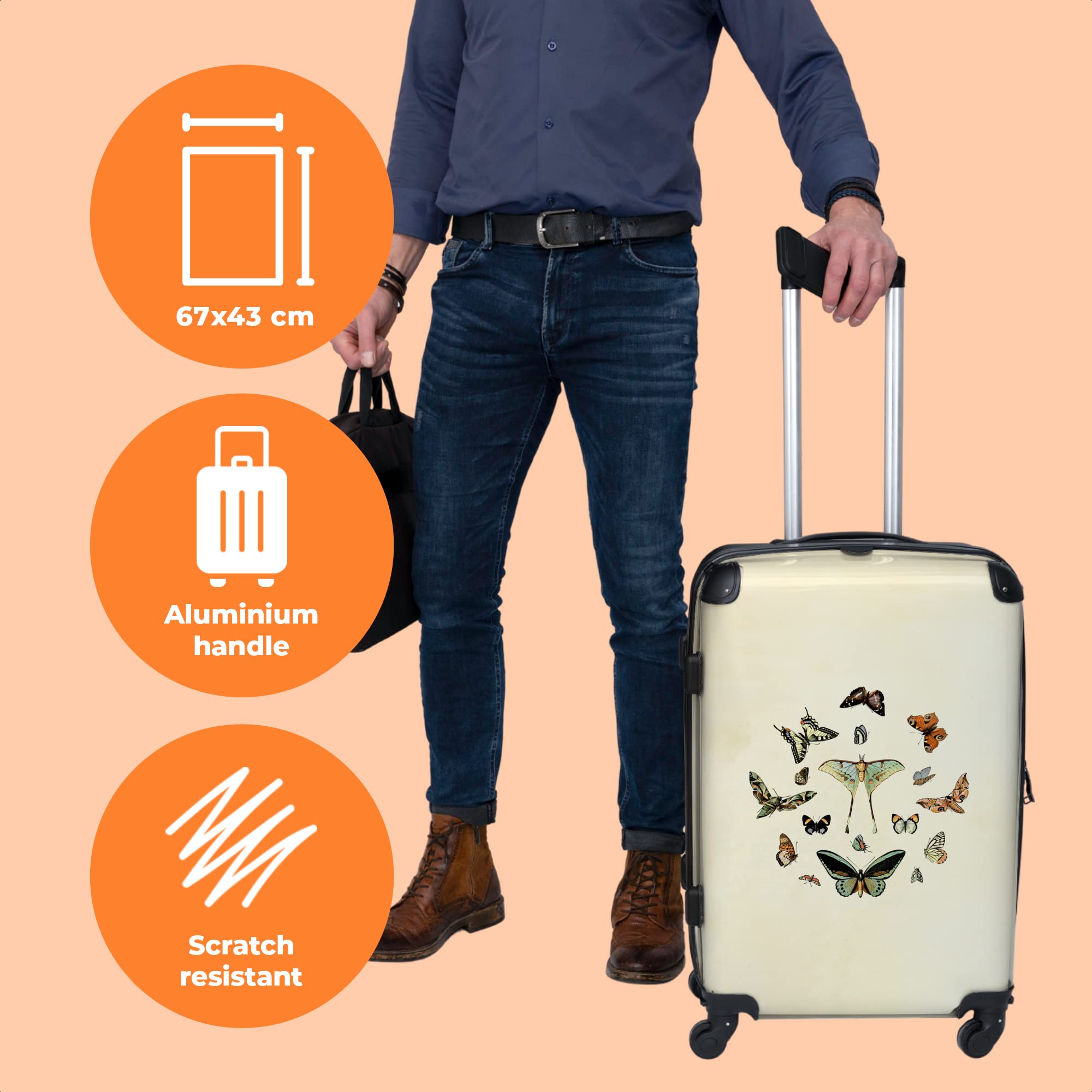 NoBoringSuitcases© Valigia Grande - 90 Litri | Farfalle - Vintage - Insetti - Blu - Marrone - Chiusura a Combinazione TSA - Trolley Rigido 4 Ruote