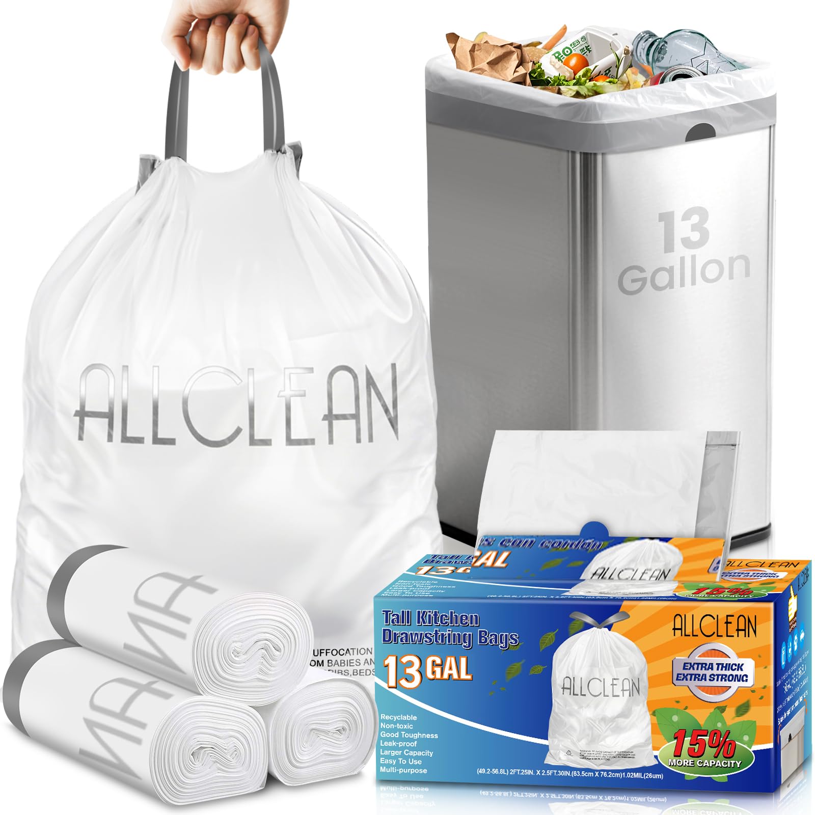 Trash Bags 13 Gallon Tall Kitchen Drawstring Garbage Bags, Fit 13 Gal Bins