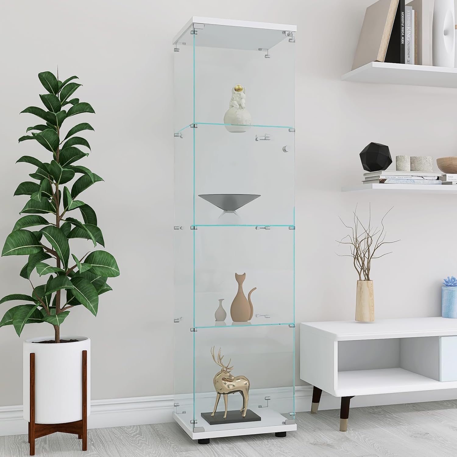 64"H Glass Display Cabinet, 4-Shelf Glass-Door Cabinet Curio Collection Display Case Trophy Showcase with Lock, Fast Installation Floor Standing Bookshelf for Living Room Office (Black-Large)