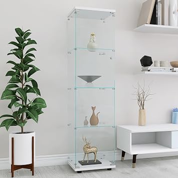 64" H Glass Display Cabinet, 4-Shelf Glass-Door Cabinet Curio Collection Display Case Trophy Showcase with Lock, Fast Installation Floor Standing Bookshelf for Living Room Office White