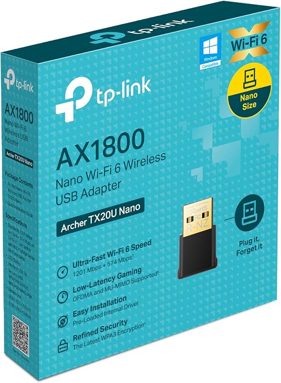 TP-Link Archer TX20U Nano, AX1800 Mbps, Dual Band, MU-MIMO, USB 2.0, WPA3, Windows 10/11 Compatible, Wi-Fi 6 Nano USB Adapter
